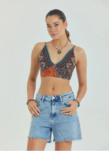 Lace Up Open Back Adjustable Brown Crop Blouse 4653